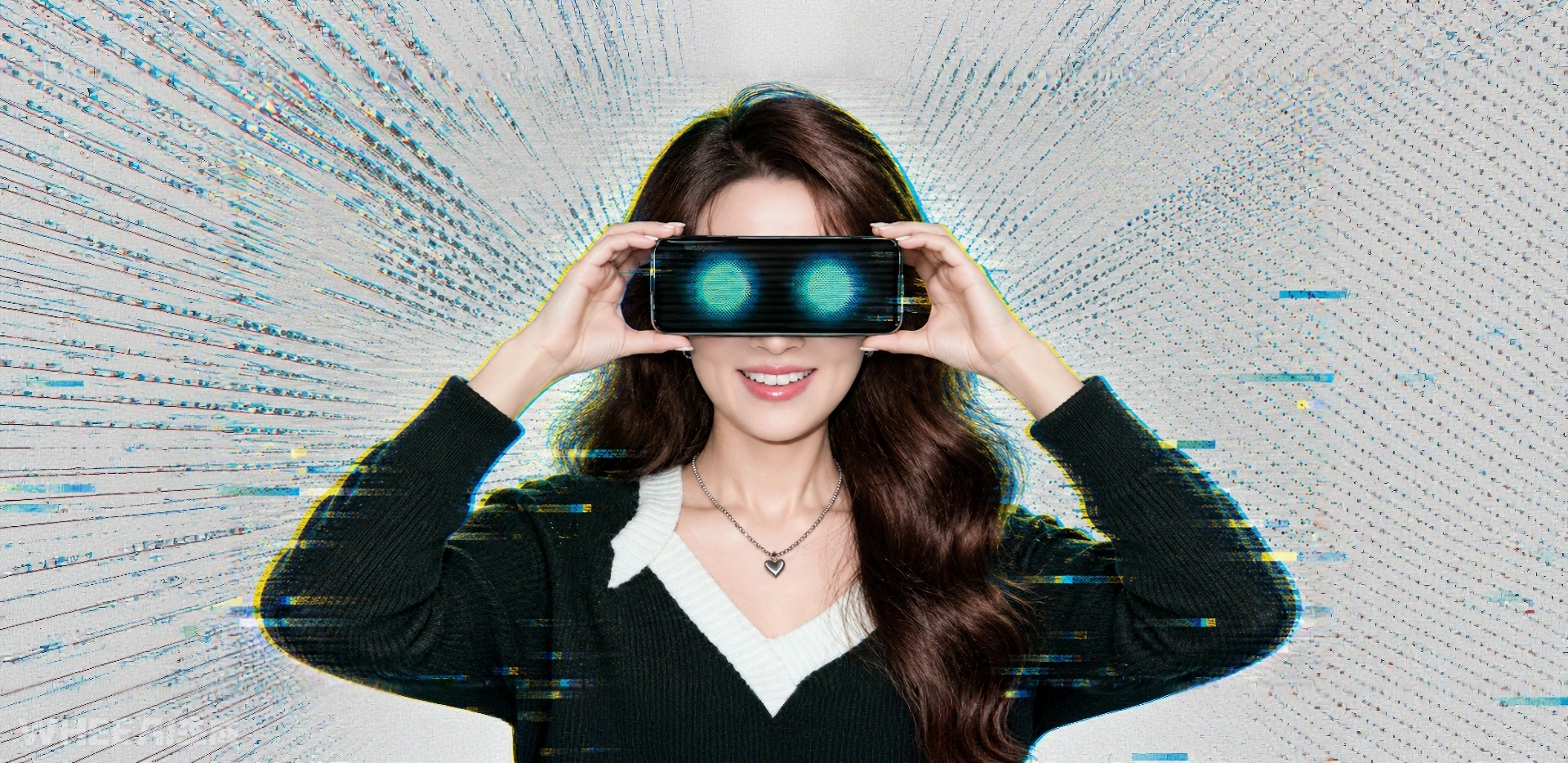 A woman holding a screen with two glowing green eyes